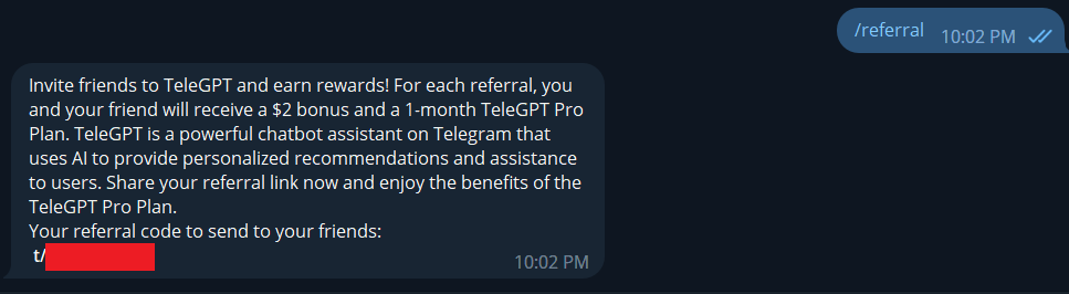 Get referral code in TeleGPT